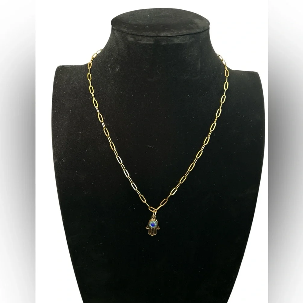 Hamsa Hand Evil Eye Gold Tone Necklace Dainty Paperclip Chain Charm Jewelry